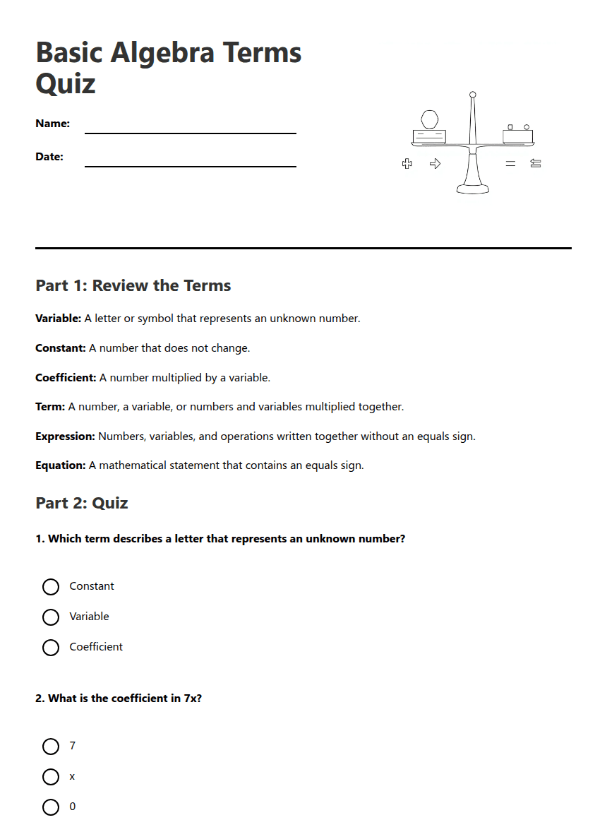 Basic Algebra Terms Quiz worksheet preview