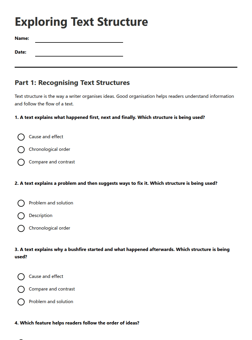 Exploring Text Structure worksheet preview