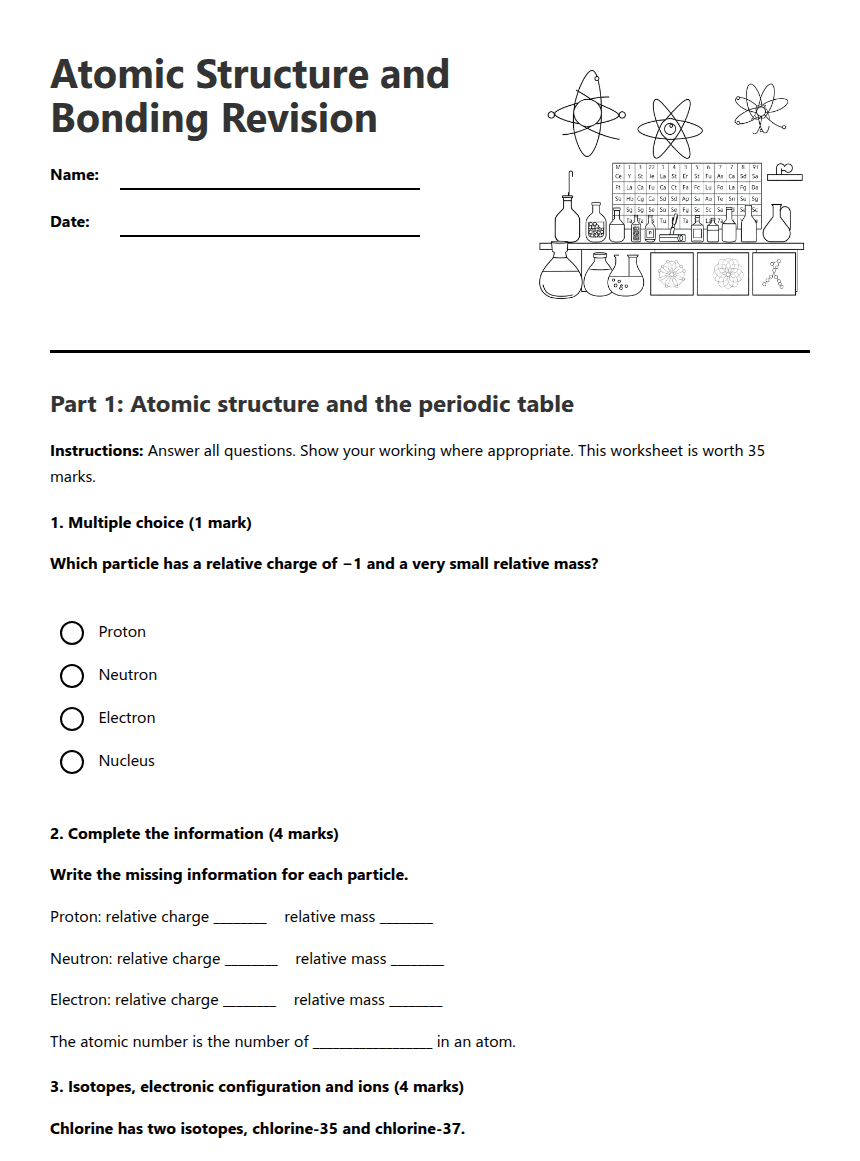 Atomic Structure and Bonding Revision worksheet preview