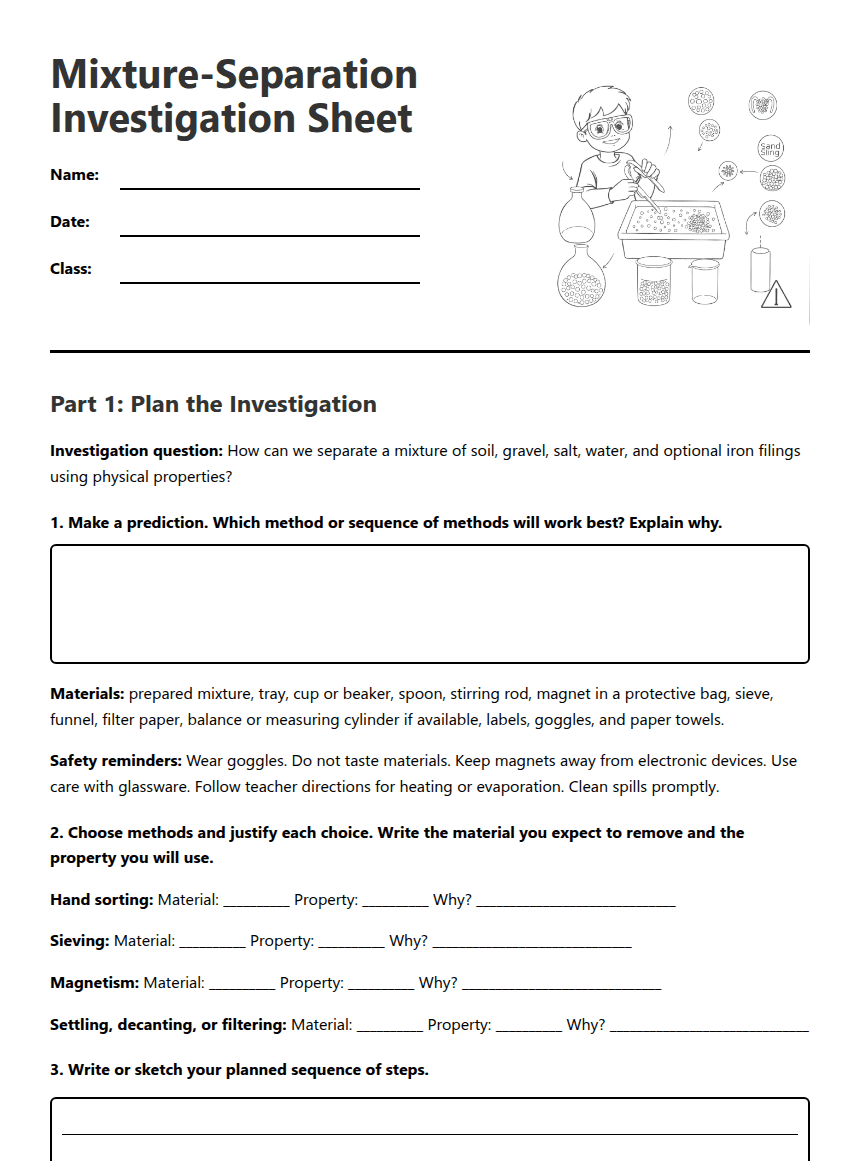 Mixture Separation Investigation worksheet preview