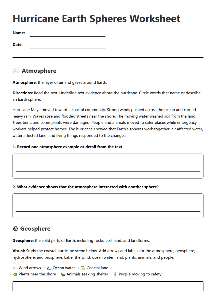 Hurricane Earth Spheres Worksheet