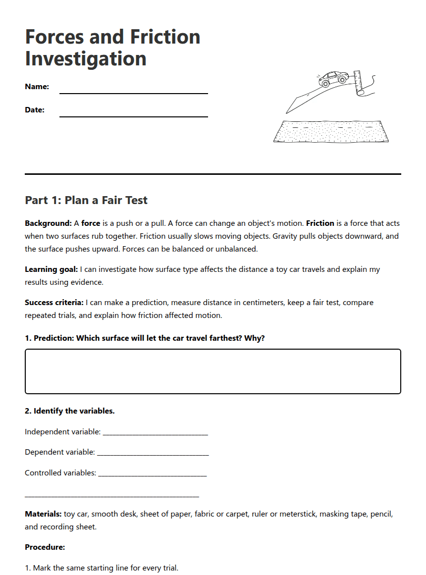 Forces and Friction Investigation worksheet preview