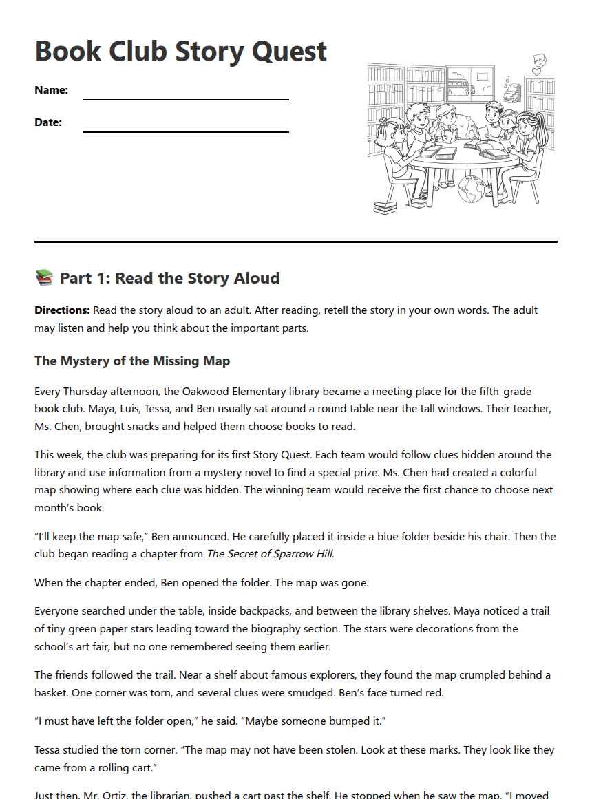 Book Club Story Quest worksheet preview