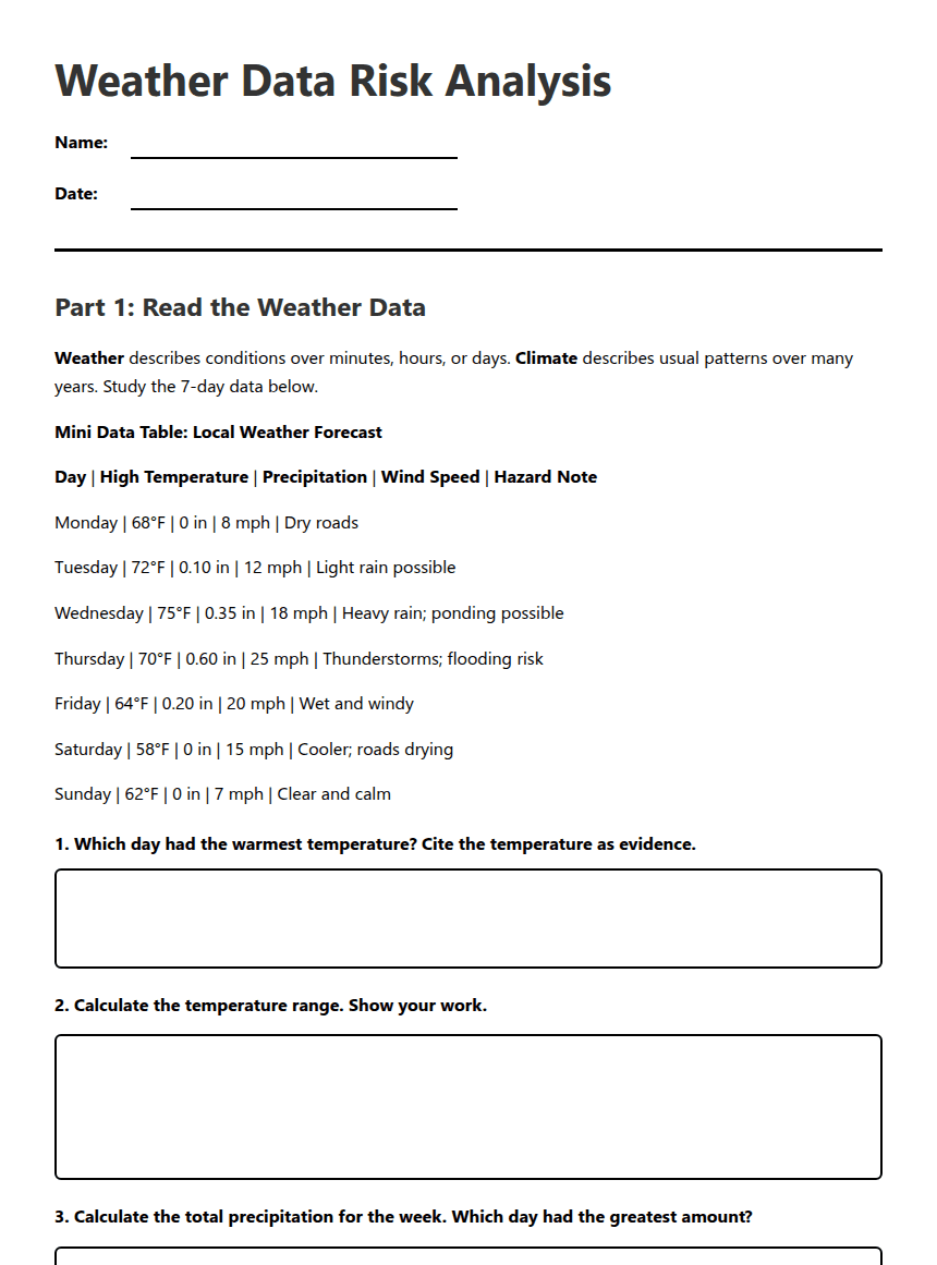 Weather Data Risk Analysis worksheet preview