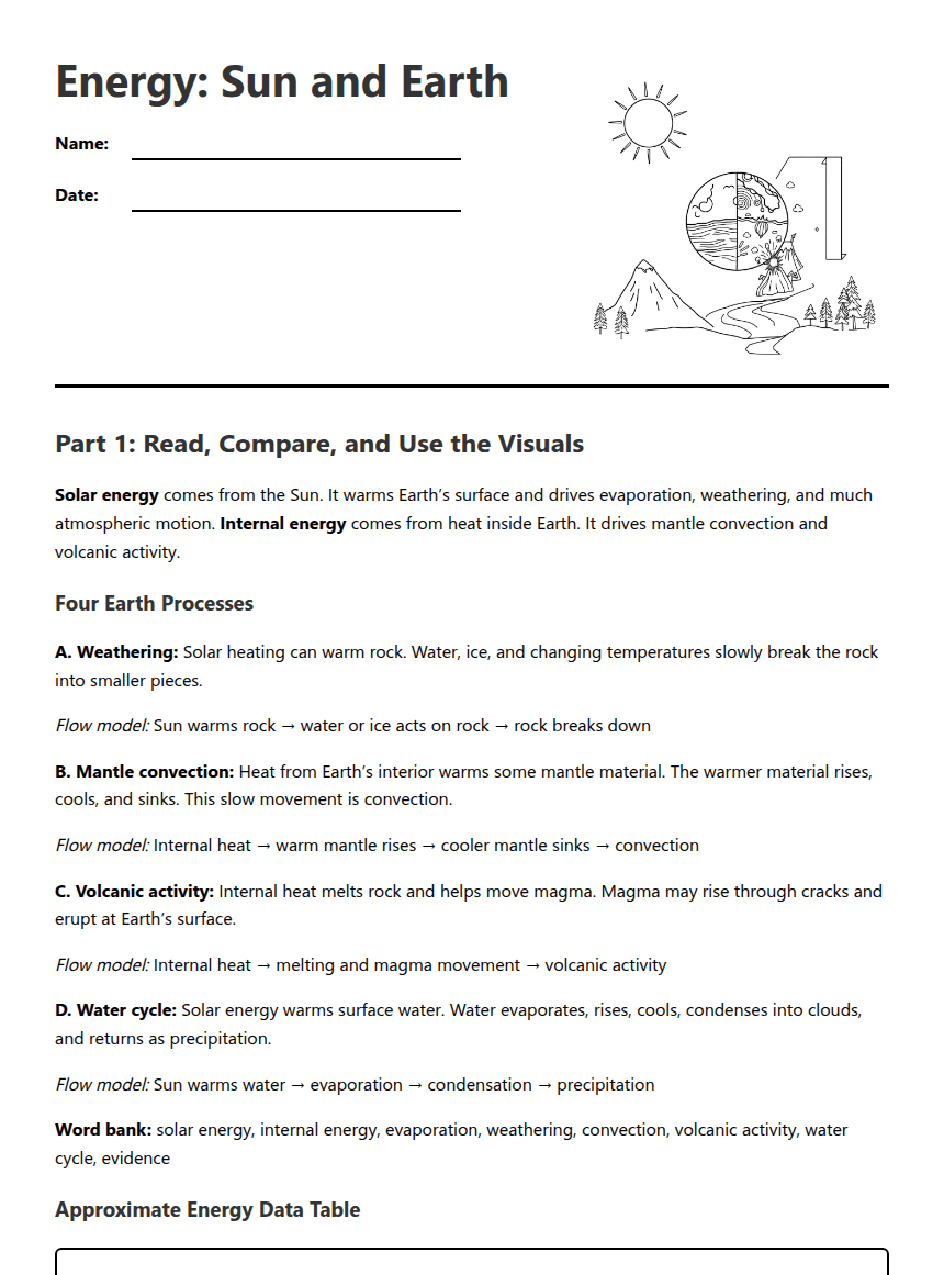 Energy: Sun and Earth worksheet preview
