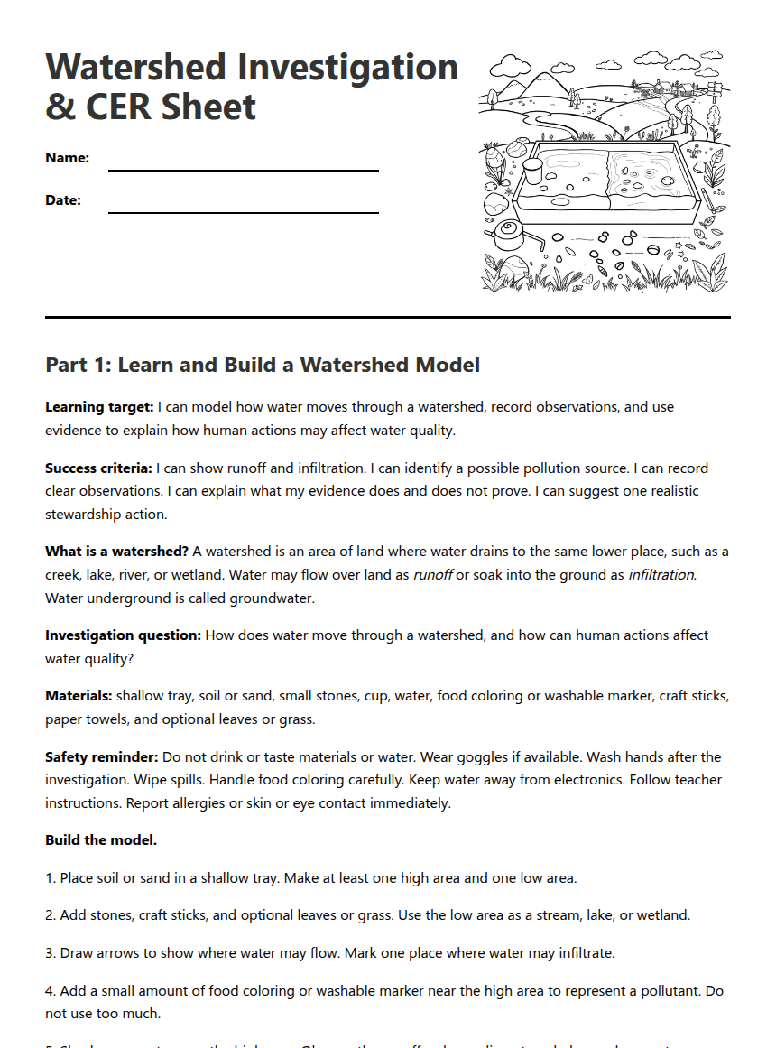 Watershed CER Investigation Sheet worksheet preview