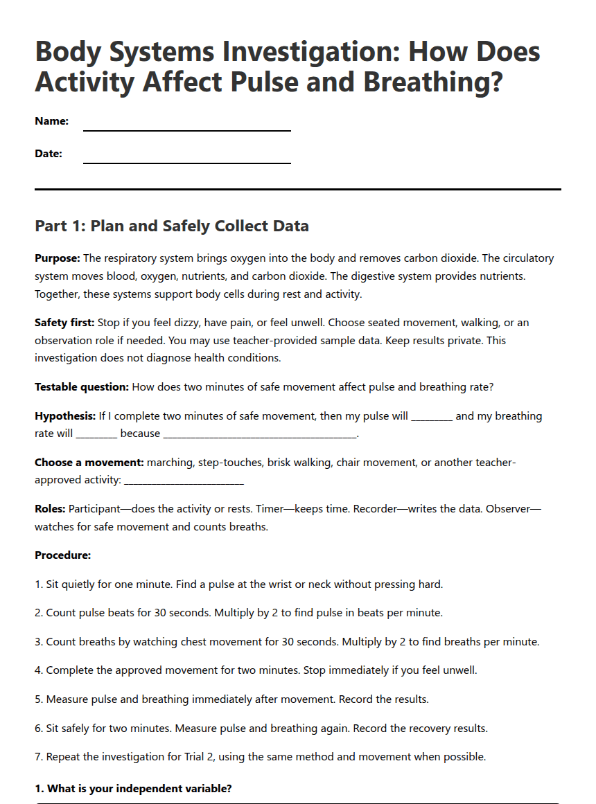 Body Systems Data Investigation worksheet preview