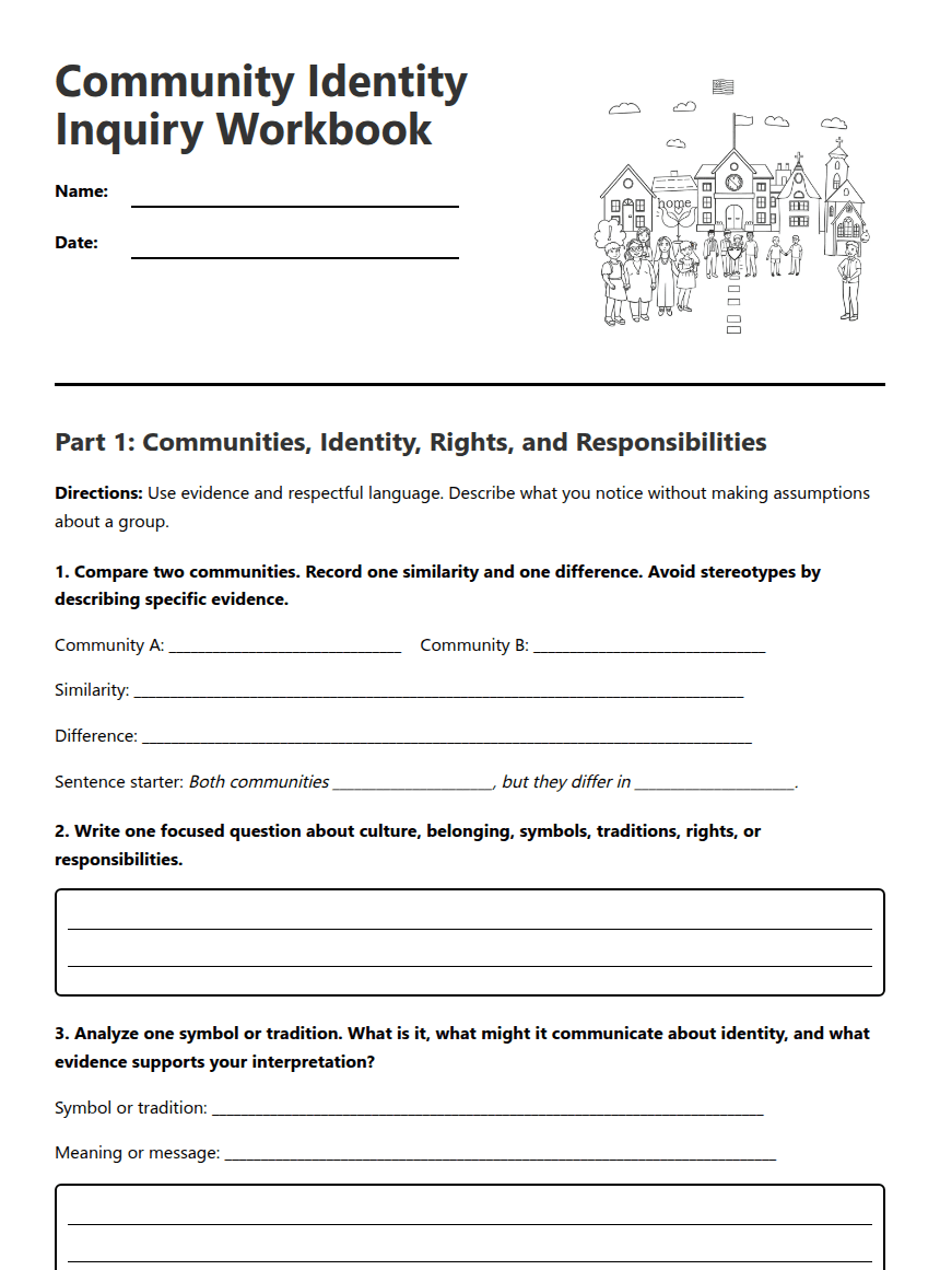 Community Identity Inquiry Workbook worksheet preview
