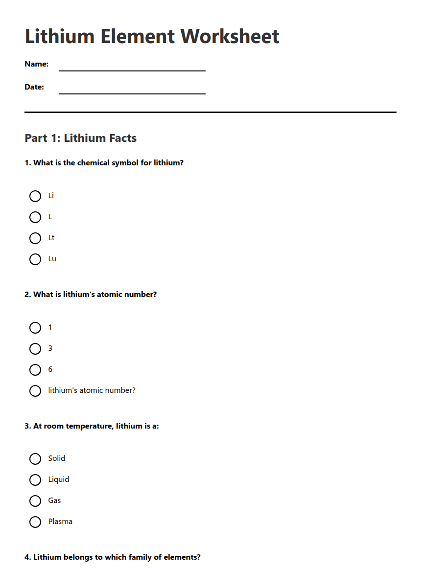 Lithium Element Worksheet worksheet preview