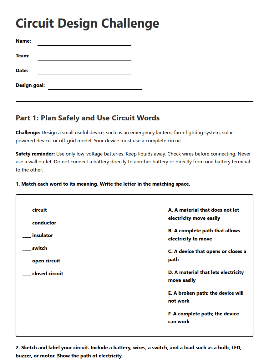 Circuit Design Challenge worksheet preview