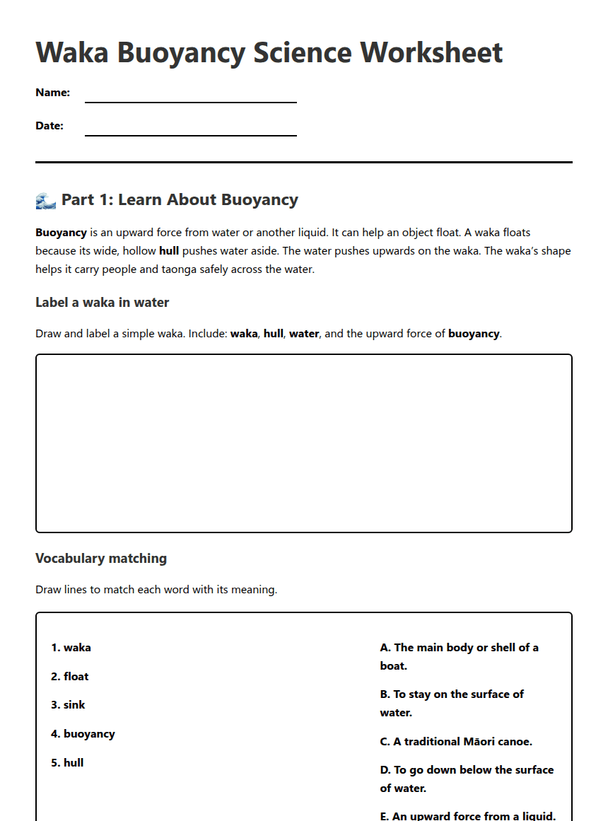 Waka Buoyancy Science Worksheet worksheet preview