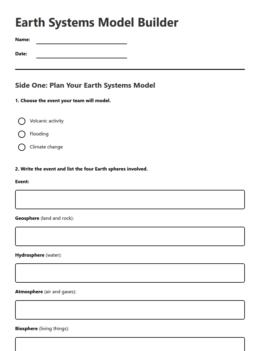 Earth Systems Model Builder worksheet preview