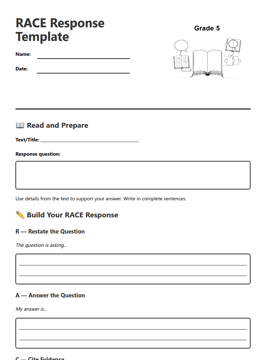 RACE Response Template worksheet preview