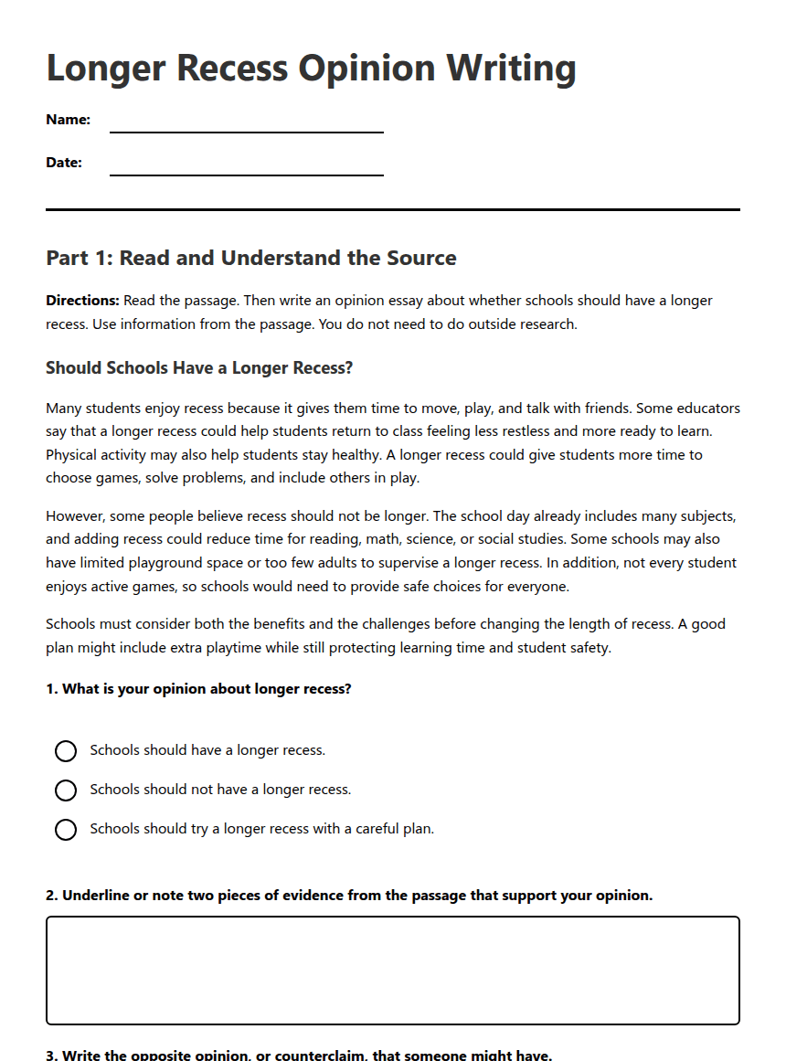 Longer Recess Opinion Writing worksheet preview