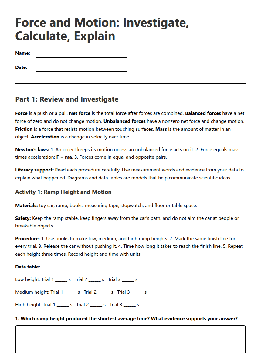 Force and Motion Investigations worksheet preview