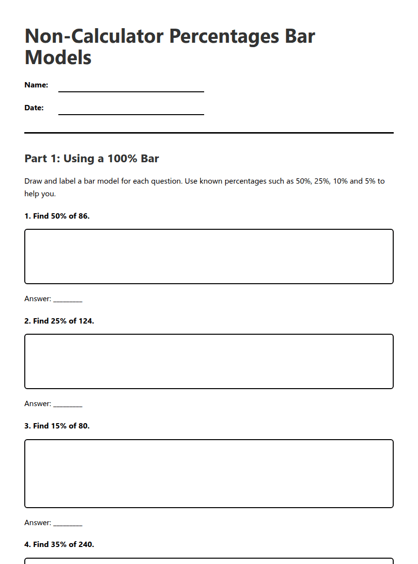 Non-Calculator Percentages Bar Models worksheet preview