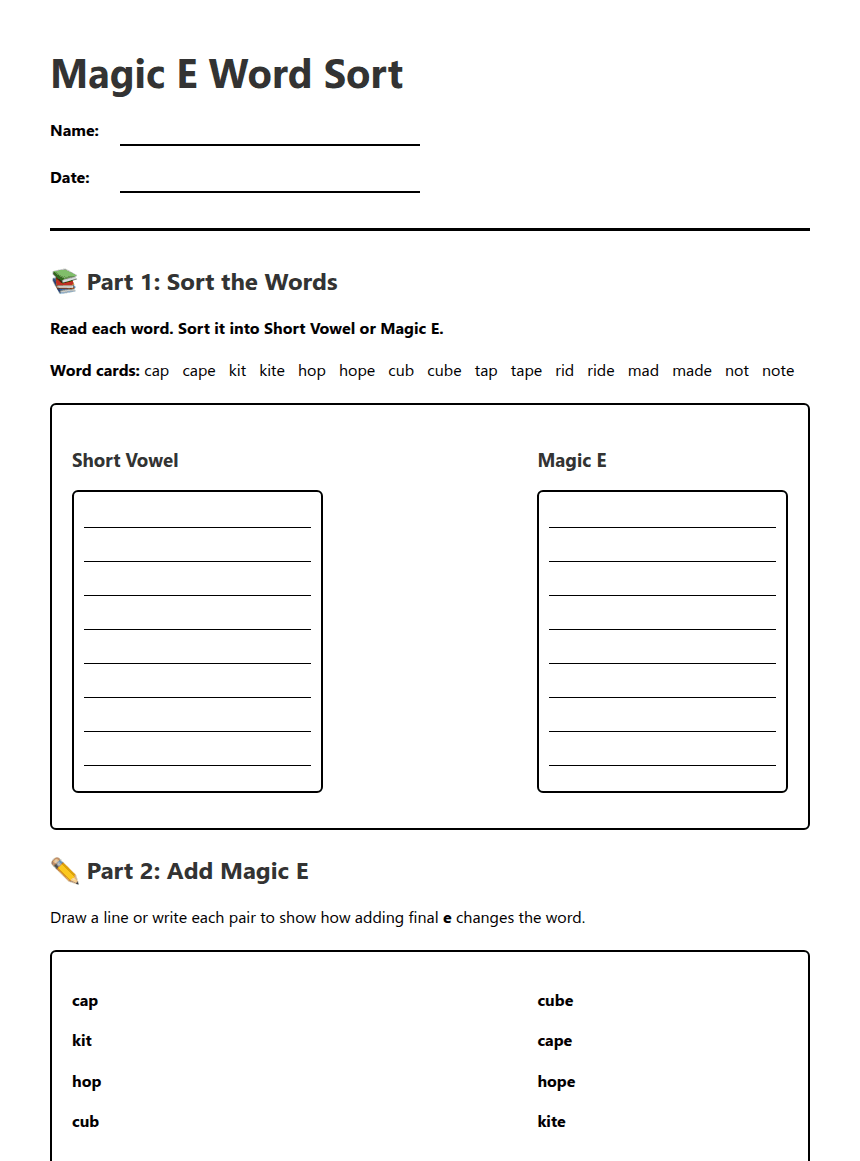 Magic E Word Sort worksheet preview