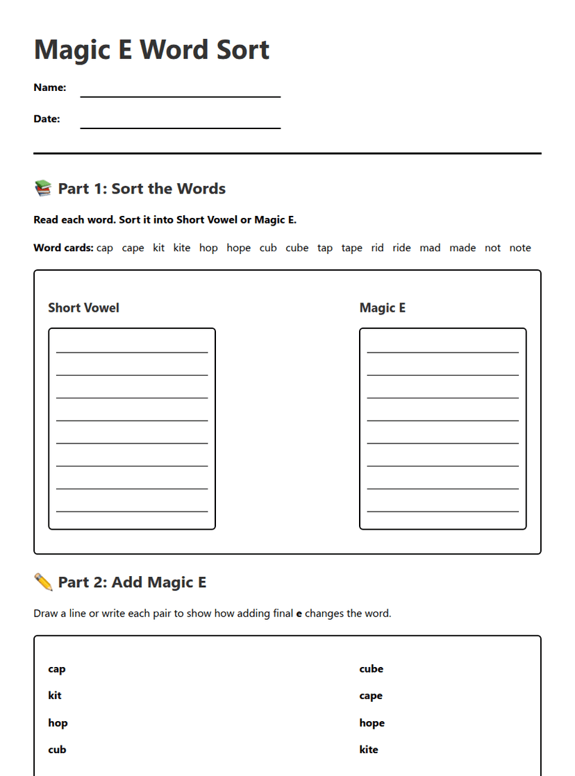 Magic E Word Sort