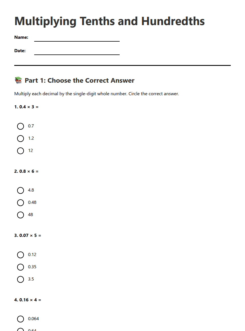 Multiplying Tenths and Hundredths worksheet preview
