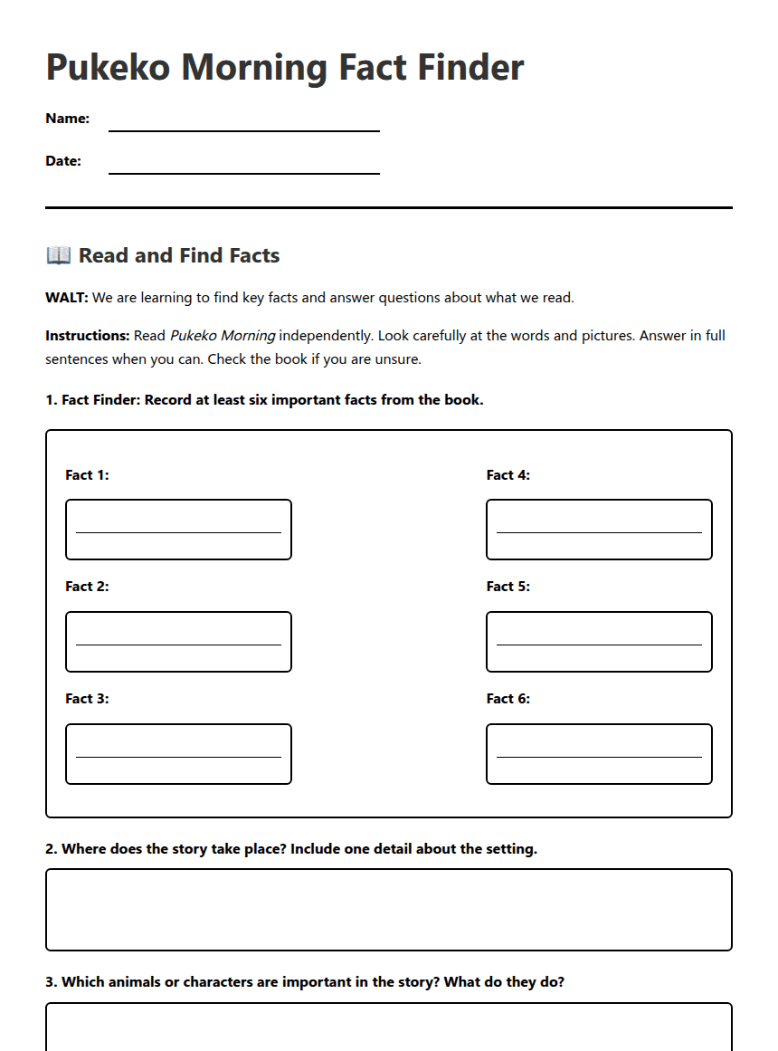 Pukeko Morning Fact Finder worksheet preview