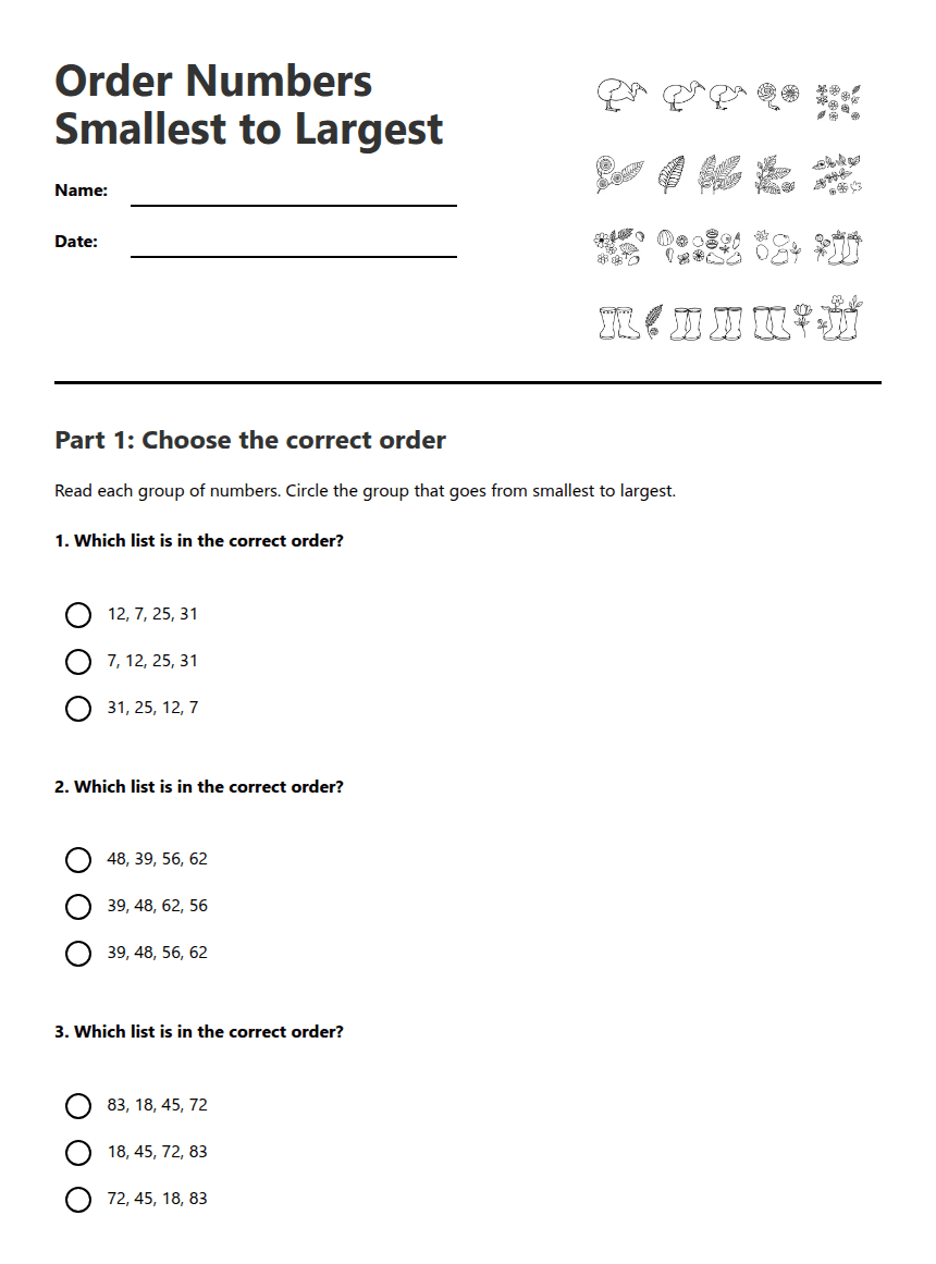Order Numbers Smallest to Largest worksheet preview