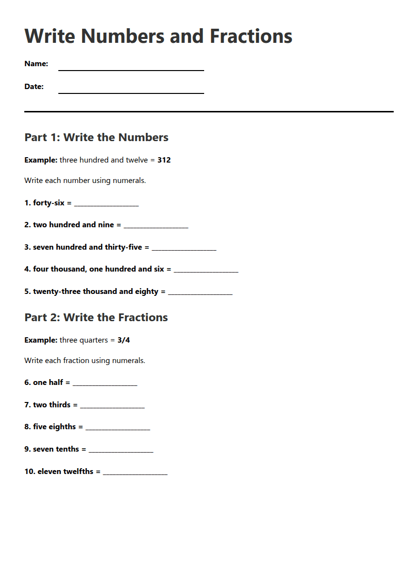 Write Numbers and Fractions worksheet preview