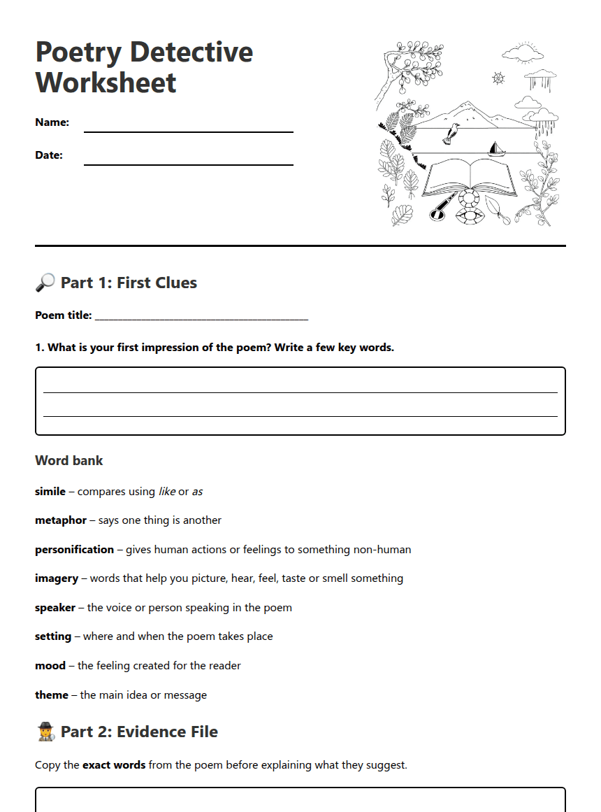 Poetry Detective Worksheet worksheet preview