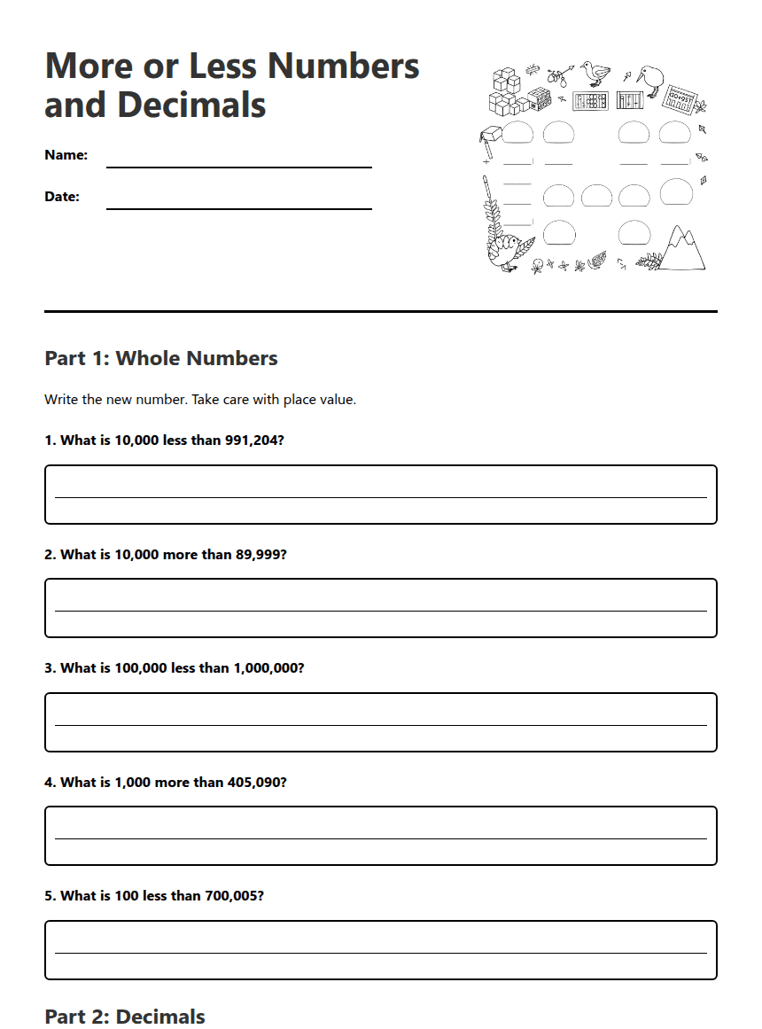 More or Less Numbers and Decimals worksheet preview