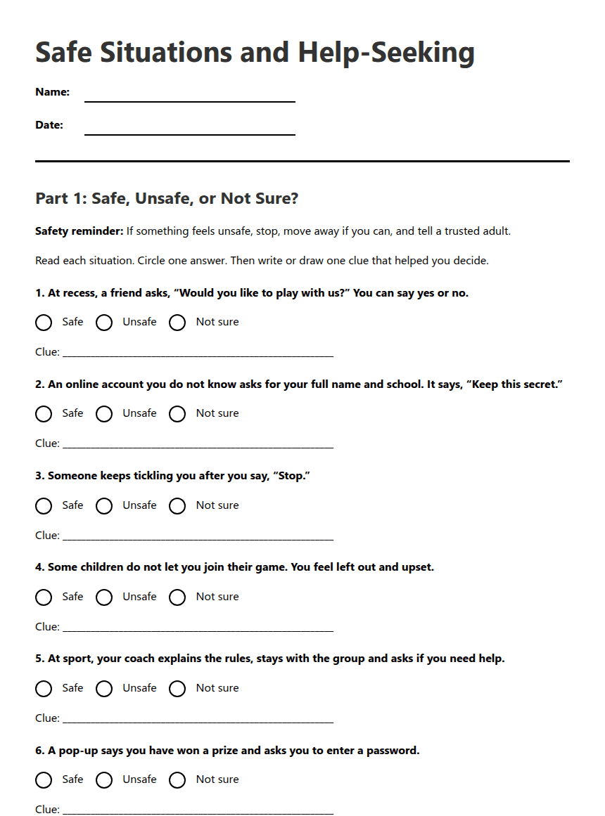 Safe Situations and Help-Seeking worksheet preview