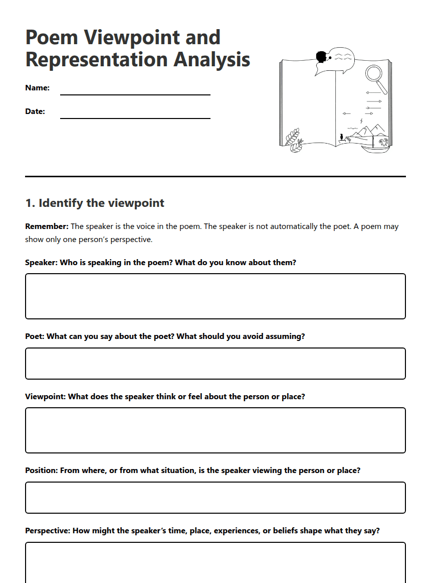 Poem Viewpoint and Representation Analysis worksheet preview