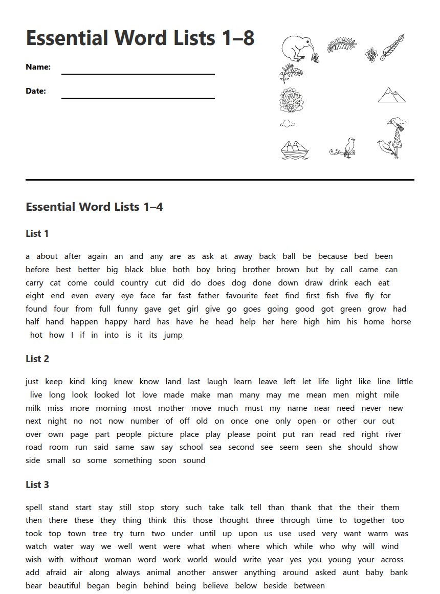 Essential Word Lists 1–8
