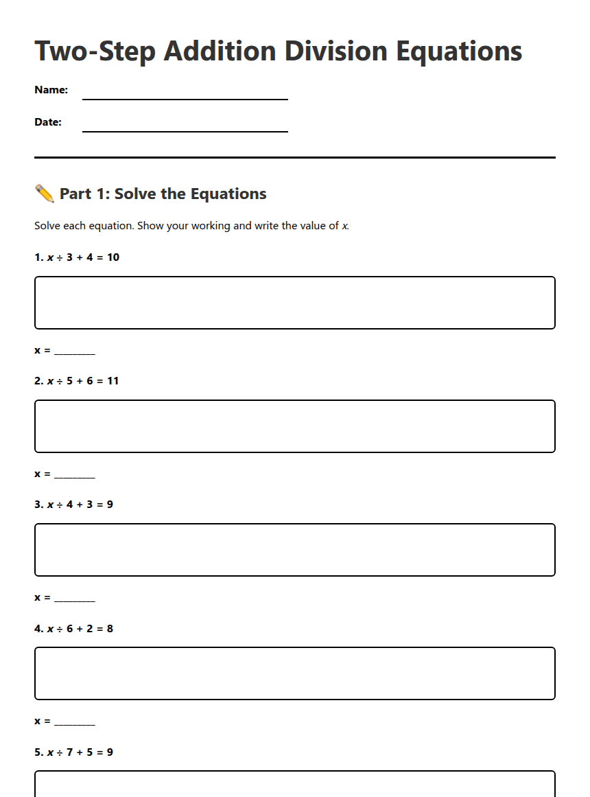 Two-Step Addition Division Equations worksheet preview