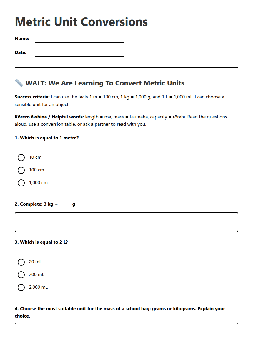 Metric Unit Conversions worksheet preview