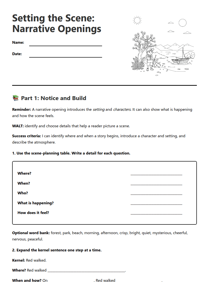 Setting the Scene: Narrative Openings worksheet preview