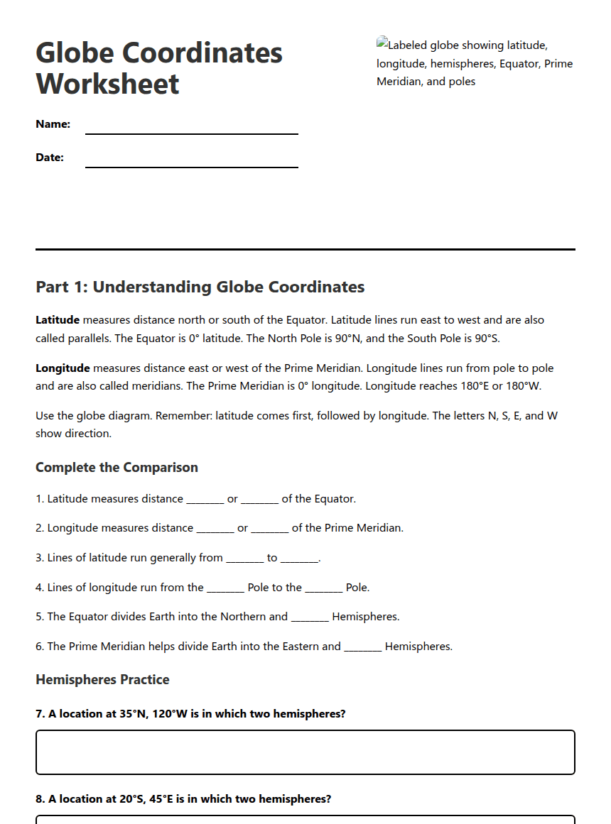 Globe Coordinates Worksheet worksheet preview