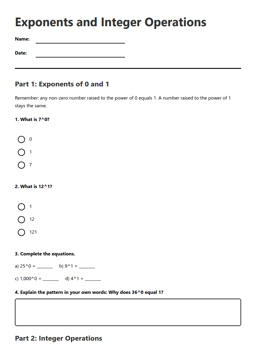 Exponents and Integer Operations worksheet preview