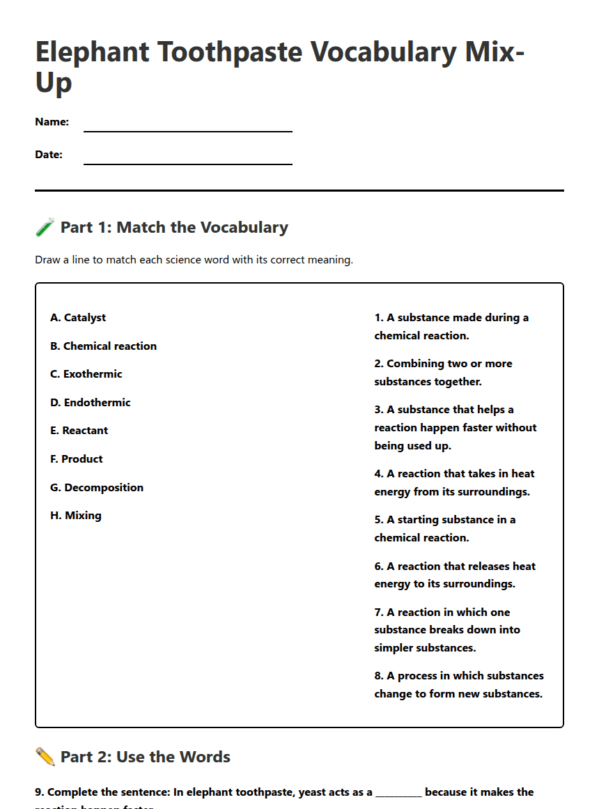 Elephant Toothpaste Vocabulary Mix-Up worksheet preview