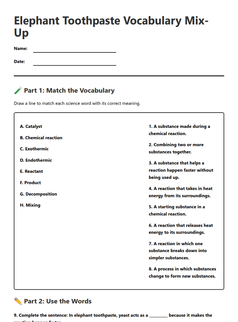 Elephant Toothpaste Vocabulary Mix-Up