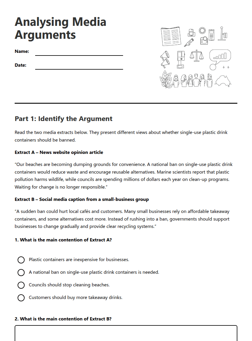 Analysing Media Arguments worksheet preview