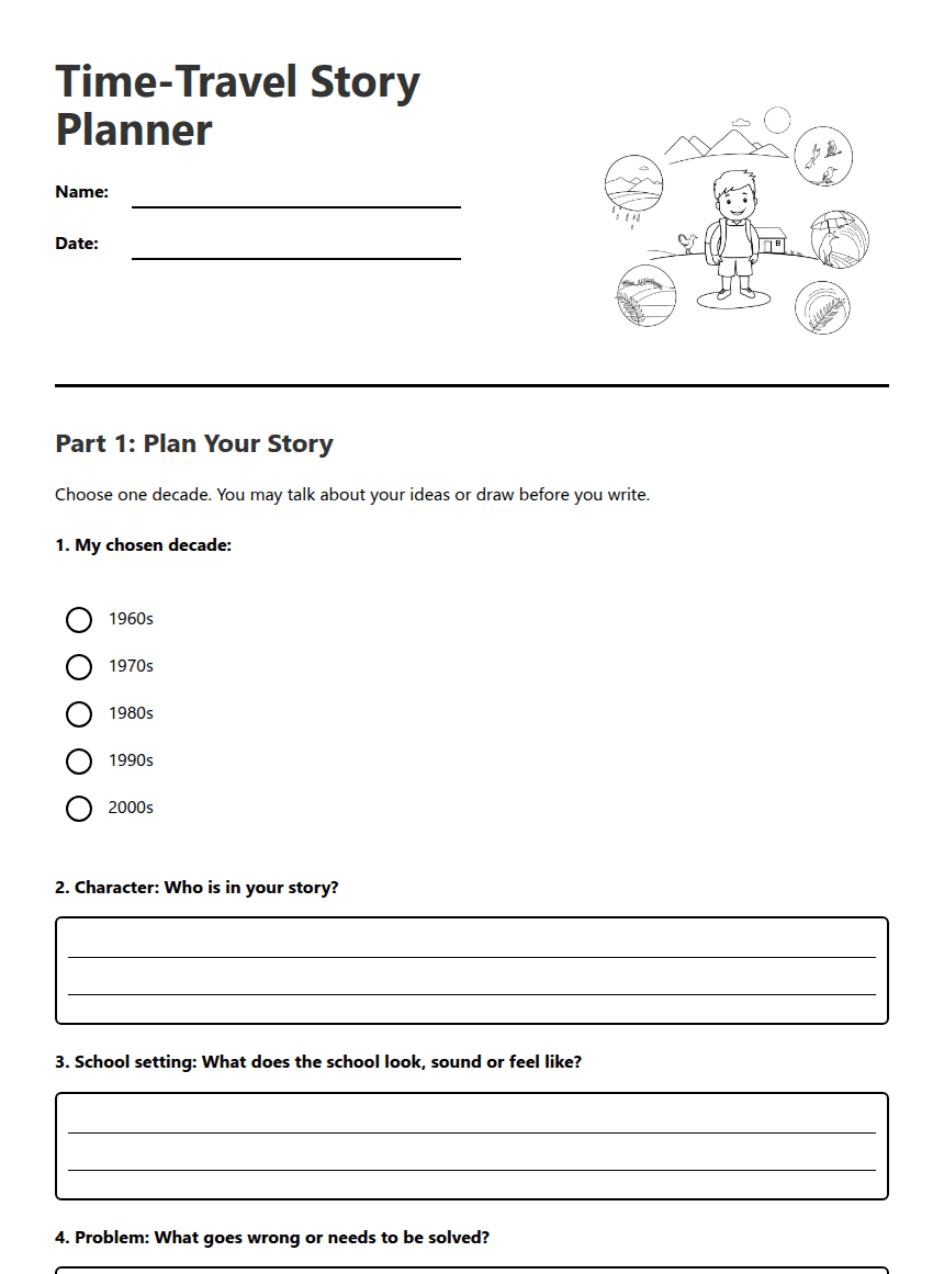 Time-Travel Story Planner worksheet preview