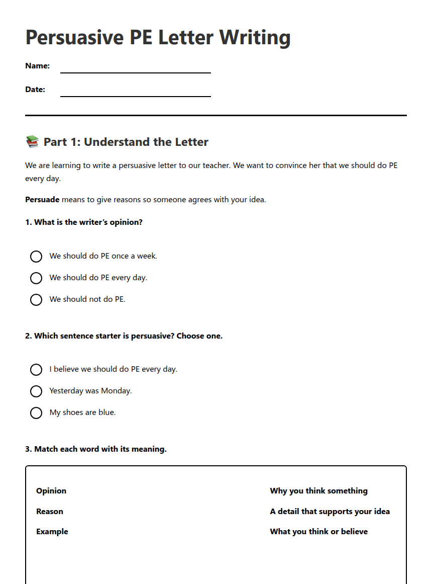 Persuasive PE Letter Writing worksheet preview