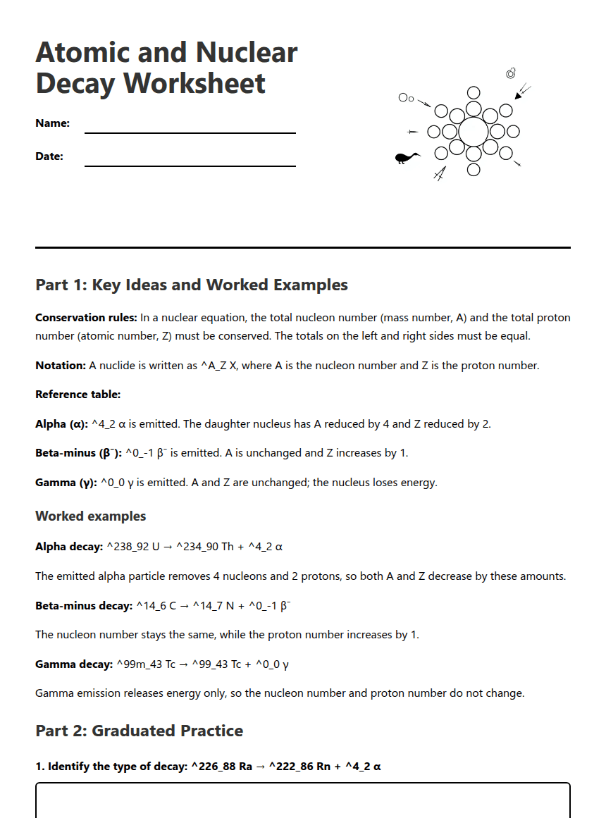 Atomic and Nuclear Decay Worksheet worksheet preview