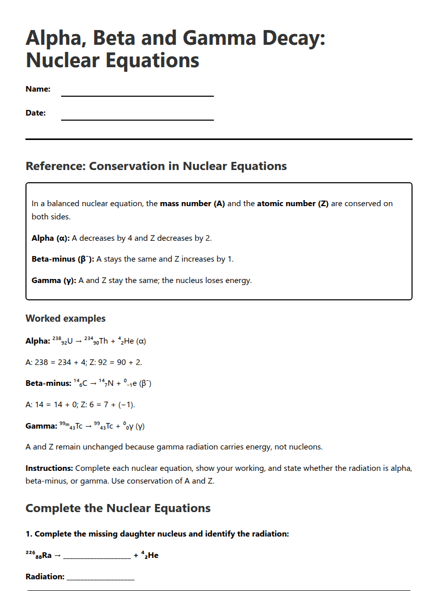 Nuclear Decay Equations worksheet preview