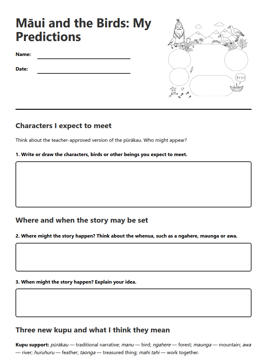 Māui and the Birds: My Predictions worksheet preview
