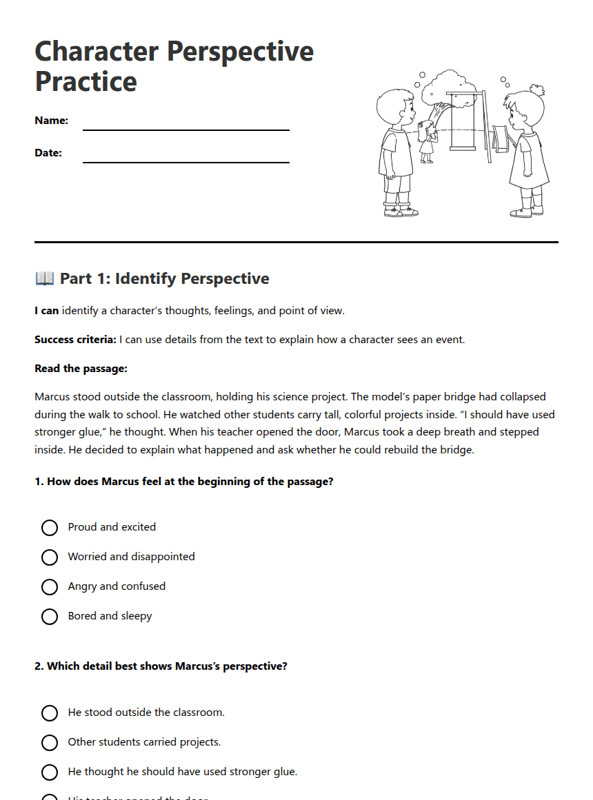 Character Perspective Practice worksheet preview