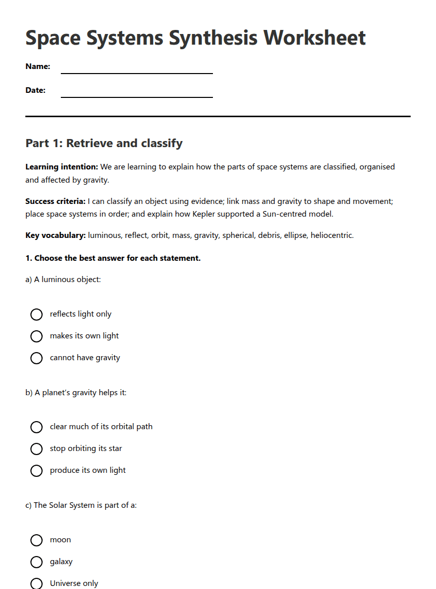 Space Systems Synthesis Worksheet worksheet preview