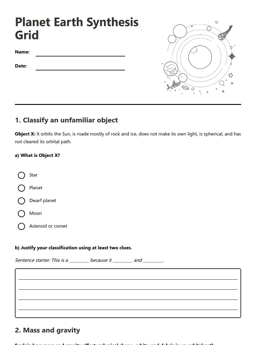 Planet Earth Synthesis Grid worksheet preview