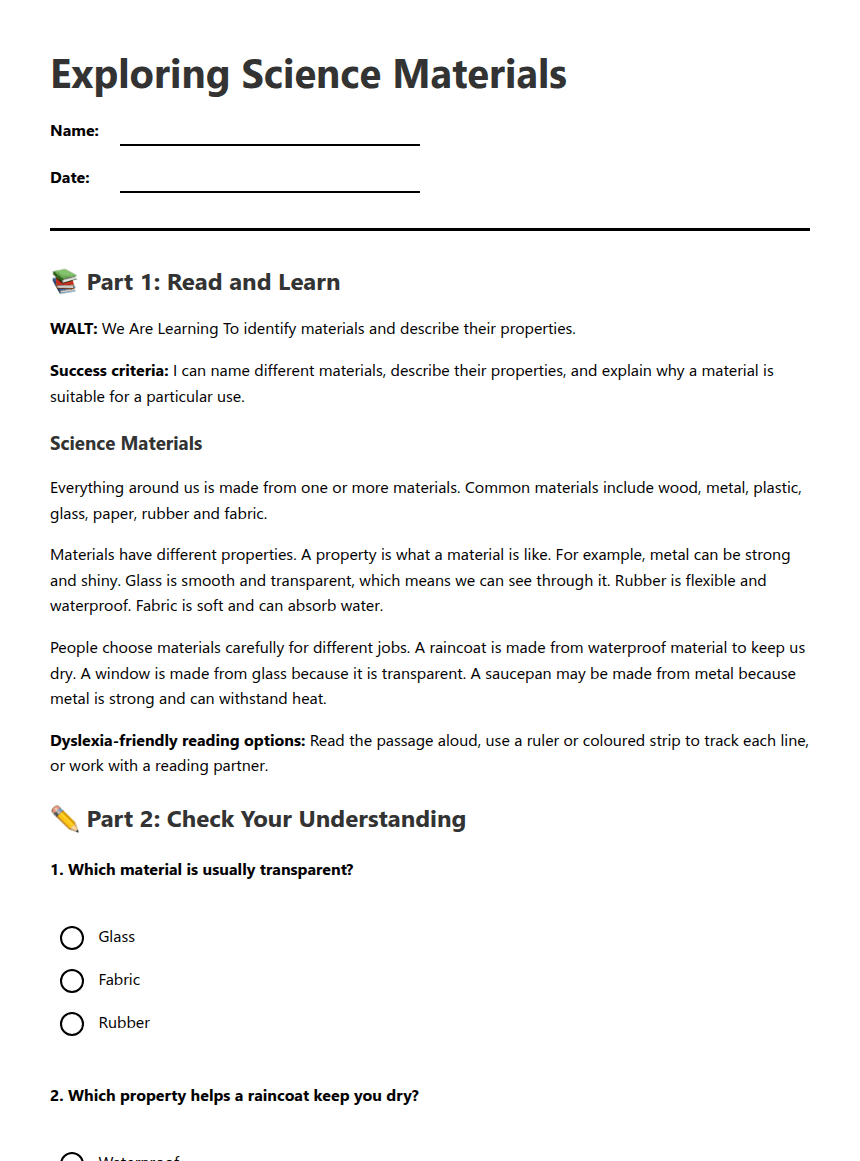 Exploring Science Materials worksheet preview