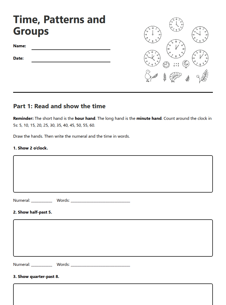 Time, Patterns and Groups worksheet preview