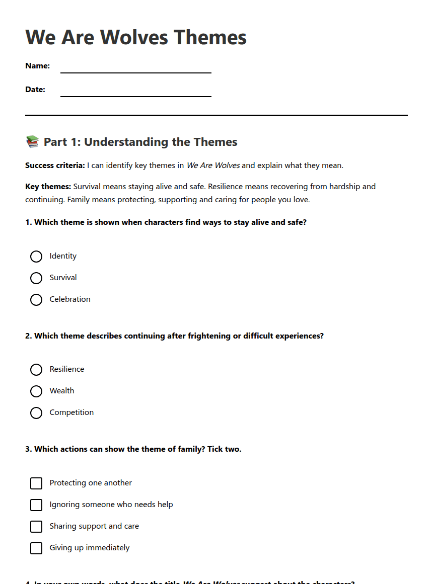 We Are Wolves Themes worksheet preview